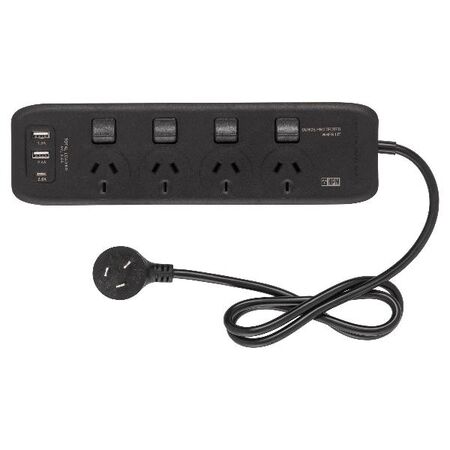 HPM General Purpose 4 Outlet USB Type A+A+C Charging Switched Powerboard Black