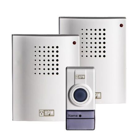 HPM Battery Operated Wireless Door Chime & Bell Press Kit with 2 Receivers 50m Range White
