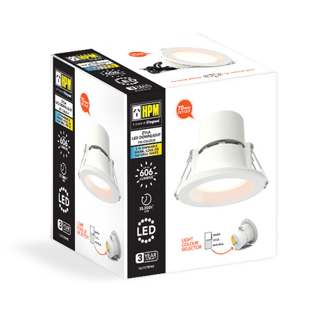 HPM Zyla LED 5W 606lm Tri-Colour Recessed Downlight 70mm White