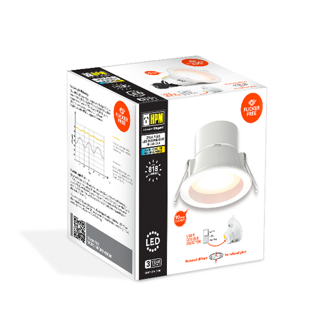HPM Zyla Plus Flicker Free LED Tri-Colour Recessed Downlight 90mm White