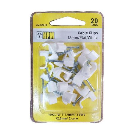 HPM Flat Type Cable Clips 13mm White - 20 Pack