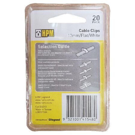 HPM Flat Type Cable Clips 13mm White - 20 Pack