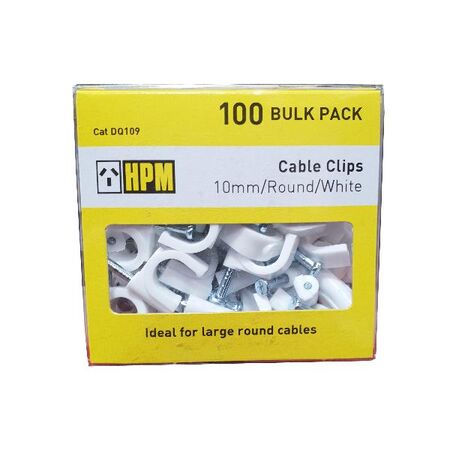 HPM Round Type Cable Clips 10mm White - 100 Pack