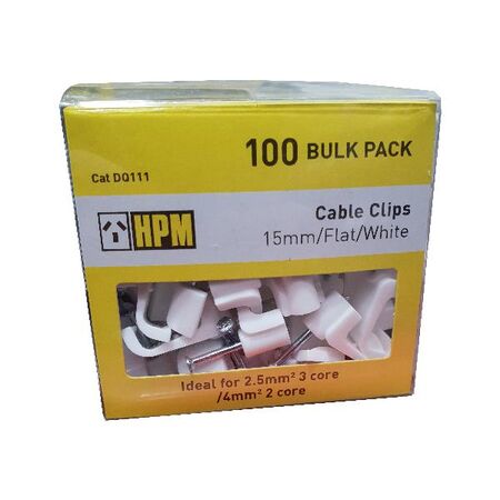 HPM Flat Type Cable Clips 15mm White - 100 Pack
