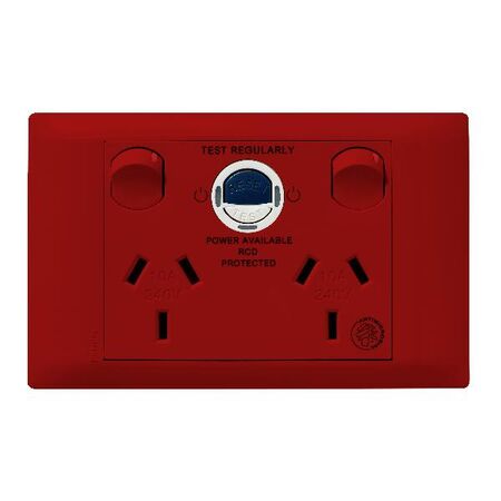 Excel Life - Medical - Common plate - Horizontal RCD protected double powerpoint - with power available & supplied LEDs - RCD protected engraved - antimicrobial & chemical resistant 2 gang 10A 240V a.c. RCD 10mA red
