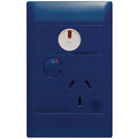 Excel Life - Medical - Common plate - Vertical single powerpoint - RCD protected engraved - antimicrobial & chemical resistant 1 gang 10A 240V a.c. with LED power available blue