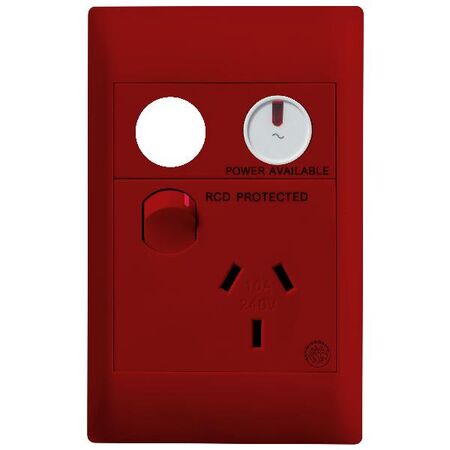 Excel Life - Medical - Common plate - Vertical single powerpoint - RCD protected engraved - antimicrobial & chemical resistant 1 gang 10A 240V a.c. with LED power available & circuit ID red