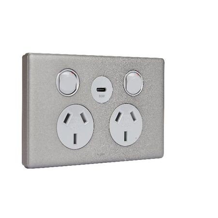 Excel Life 10A Double Powerpoint with  60W USB Type C Charger Urban Grey