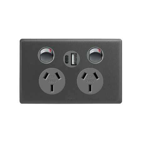 Excel Life 10A Double Powerpoint with Integrated USB Type A+C Chargers Urban Grey