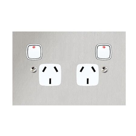 Architectural metal - Horizontal double powerpoint 2 gang 10A 240V a.c. white stainless steel plate