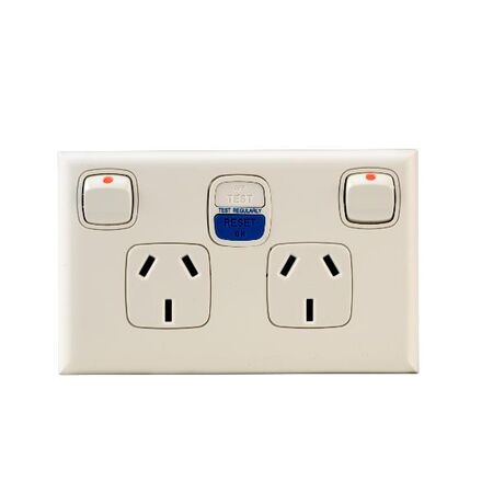 Excel - Horizontal double powerpoint RCD protected 2 gang 10A 240V a.c. with RCD 10mA gloss white