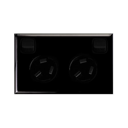 Excel - Horizontal double powerpoint 2 gang 10A 240V a.c. with extra safety gloss black