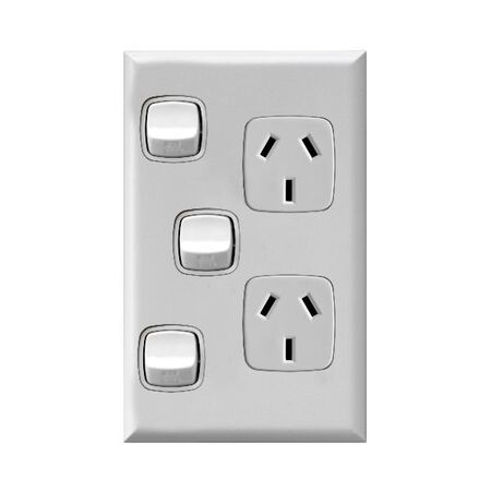 Excel - Vertical double powerpoint 2 gang 10A 240V a.c. with extra switch & safety shutters gloss white