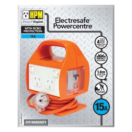 HPM Electrosafe 4 Outlet 15A Portable Powercentre with RCBO Protection Orange