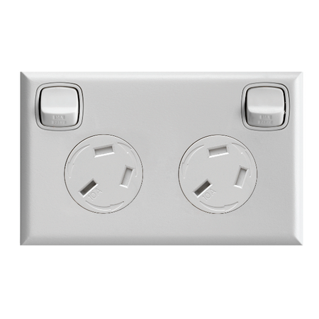 Excel - Horizontal double powerpoint 2 gang 10A 240V a.c. with extra safety gloss white