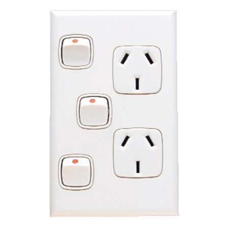 Excel - Vertical double powerpoint 2 gang 10A 240V a.c. with extra switch & safety shutters white