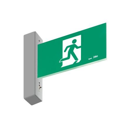 E3 LED Exit Sign - Surface with gear and lithium battery - Stainless steel wall plate on the left - Single Sided - Running man straight - Galaxy