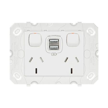 Arteor - Engraved Horizontal double powerpoint for plasterboard and single brick wall installation 2 gang 10A 240V a.c. with USB charger 2x2.4A white