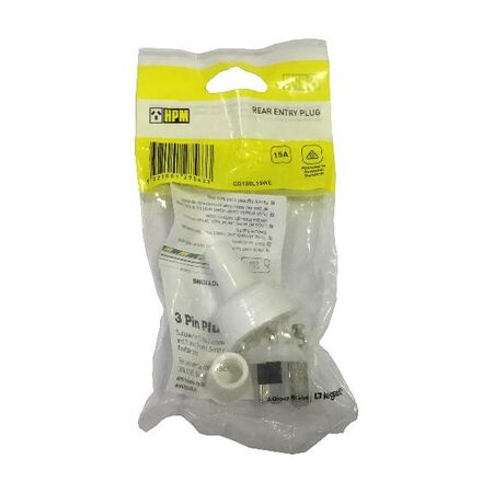 HPM 15A 3 Pin Plug Top with Cord Locking Nut White