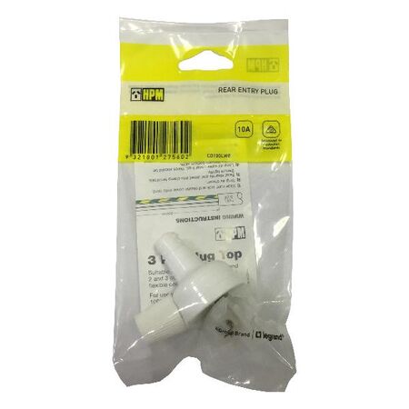 HPM 10A 3 Pin Plug Top with Cord Locking Nut White