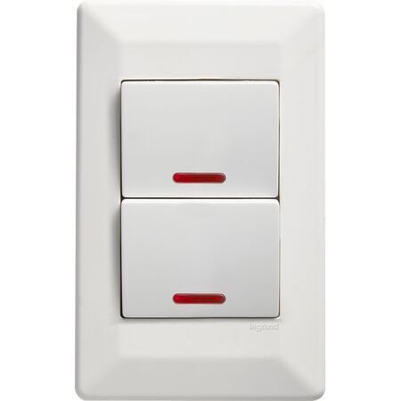 Como - Vertical Single Pole Double Throw - rocker Switch 2 gang 10A 240V a.c. with neon white