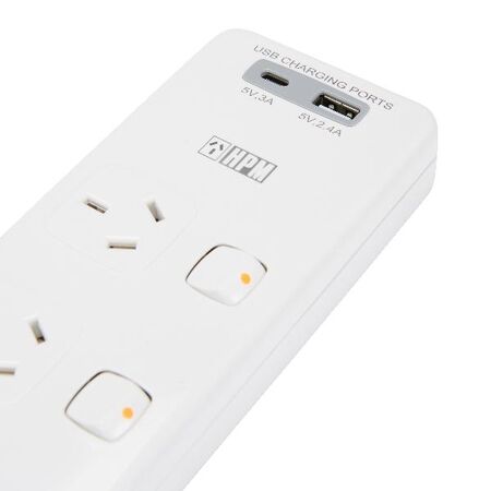 HPM General Purpose 4 Outlet USB Type A&C Charging Switched Powerboard White