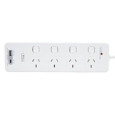 HPM General Purpose 4 Outlet USB Type A&C Charging Switched Powerboard White