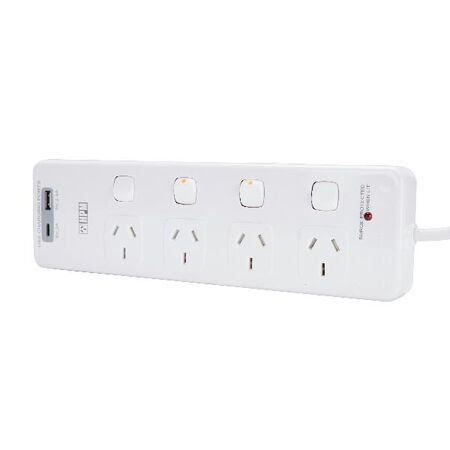 HPM General Purpose 4 Outlet USB Type A&C Charging Switched Powerboard White