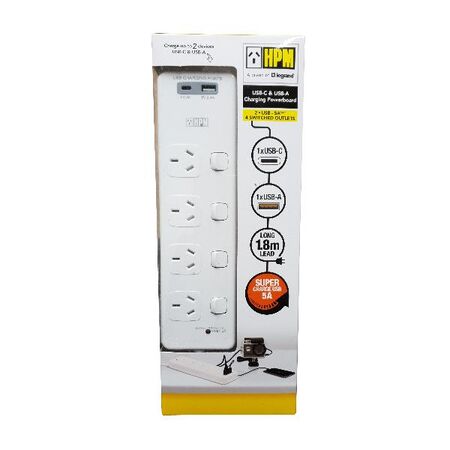 HPM General Purpose 4 Outlet USB Type A&C Charging Switched Powerboard White