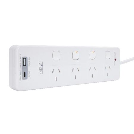 HPM General Purpose 4 Outlet USB Type A&C Charging Switched Powerboard White
