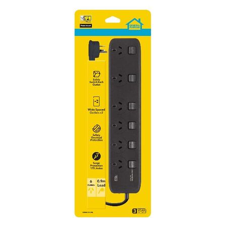 HPM General Purpose 6 Outlet 175J Surge Protected Switched Powerboard Black