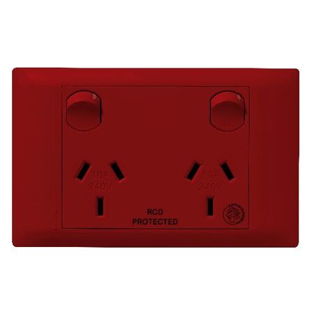 Excel Life - Medical - Common plate - Horizontal double powerpoint - RCD protected engraved - antimicrobial & chemical resistant 2 gang 10A 240V a.c. red
