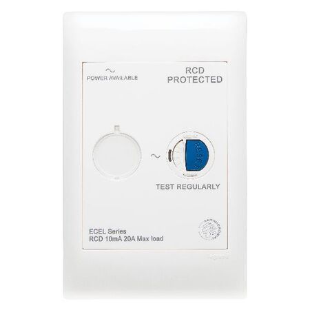 Excel Life - Medical - Common plate - RCD plate 10mA - with power available - antimicrobial & chemical resistant RCD switch with circuit ID - white
