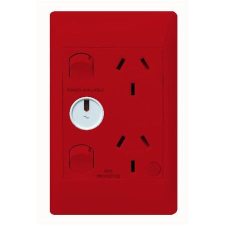 Excel Life - Medical - Common plate - Vertical double powerpoint - RCD protected engraved - antimicrobial & chemical resistant 2 gang 10A 240V a.c. with LED power available red
