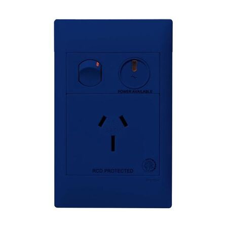 Excel Life - Medical - Common plate - Vertical single powerpoint - RCD protected engraved - antimicrobial & chemical resistant 1 gang 15A 240V a.c. with LED power available blue