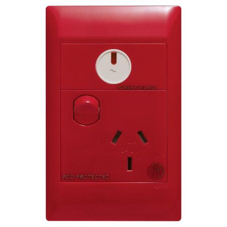 Excel Life - Medical - Common plate - Vertical single powerpoint - RCD protected engraved - antimicrobial & chemical resistant 1 gang 10A 240V a.c. with LED power available red