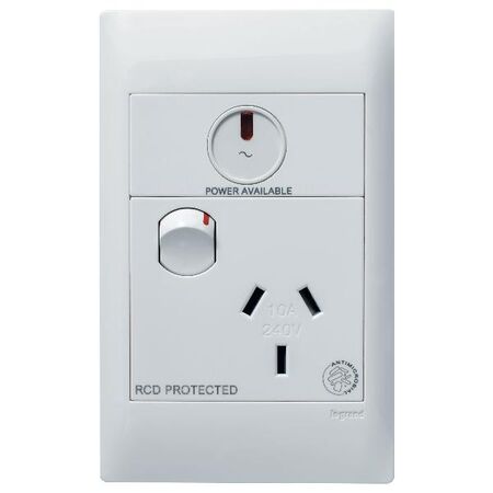 Excel Life - Medical - Common plate - Vertical single powerpoint - RCD protected engraved - antimicrobial & chemical resistant 1 gang 10A 240V a.c. with LED power available white