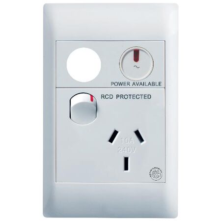 Excel Life - Medical - Common plate - Vertical single powerpoint - RCD protected engraved - antimicrobial & chemical resistant 1 gang 10A 240V a.c. with LED power available & circuit ID white