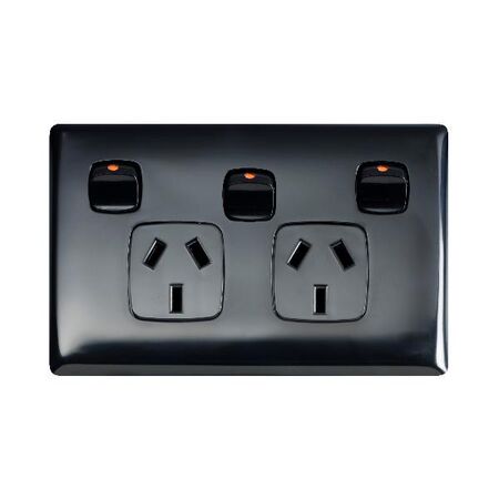Linea - Horizontal double powerpoint 2 gang 10A 240V a.c. with extra switch black