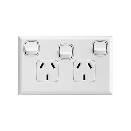 Excel - Horizontal double powerpoint 2 gang 10A 240V a.c. with extra switch & safety shutters gloss white