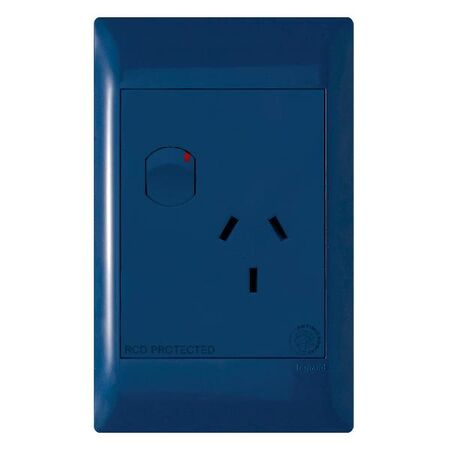 Excel Life - Medical - Common plate - Vertical single powerpoint - RCD protected engraved - antimicrobial & chemical resistant 1 gang 10A 240V a.c. Blue