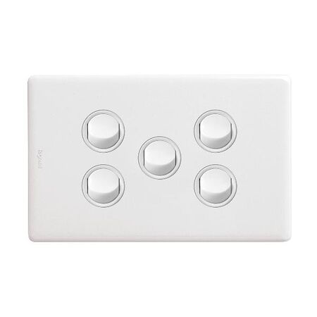 Excel Life 16A Single Pole Double Throw Horizontal Rocker Switch 5 Gang Gloss White