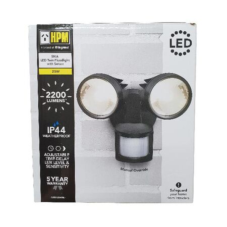 HPM SIKA 25W 2200lm LED Cool White Twin Floodlight with PIR Sensor Black