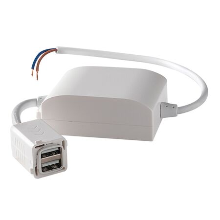 Dual USB charger mechanism for plasterboard or single brick installations 2 x 2.4A 250V a.c. white