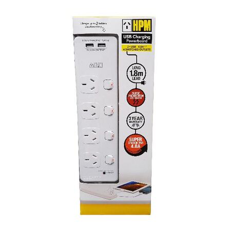 HPM General Purpose 175J 4 Outlet USB Charging Switched Powerboard White