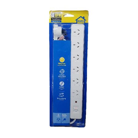 HPM General Purpose Master Switch 6 Outlet 375J Surge Protection Powerboard White