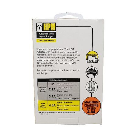 HPM 10A Single Adaptor with Twin USB Charger