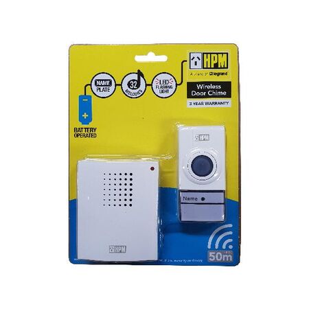 HPM Battery Operated Wireless Door Chime 50m Range White