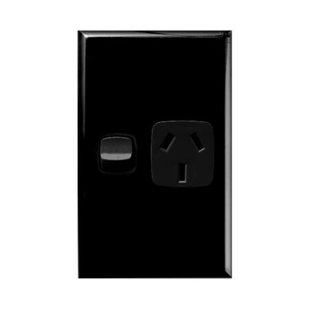 Excel - Vertical single powerpoint 1 gang 10A 240V a.c. with safety shutters gloss black