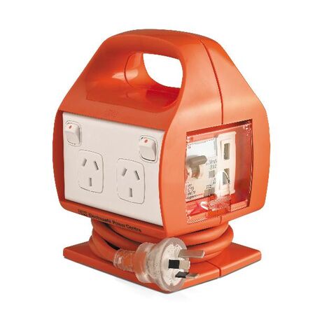 HPM Electrosafe 4 Outlet 10A USB A Portable Powercentre with RCBO Protection Orange